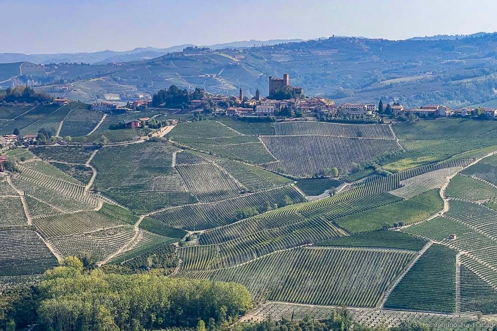 View across a hilly terrain with a castle in the distance. The hills are covered with the stripes of vineyards.