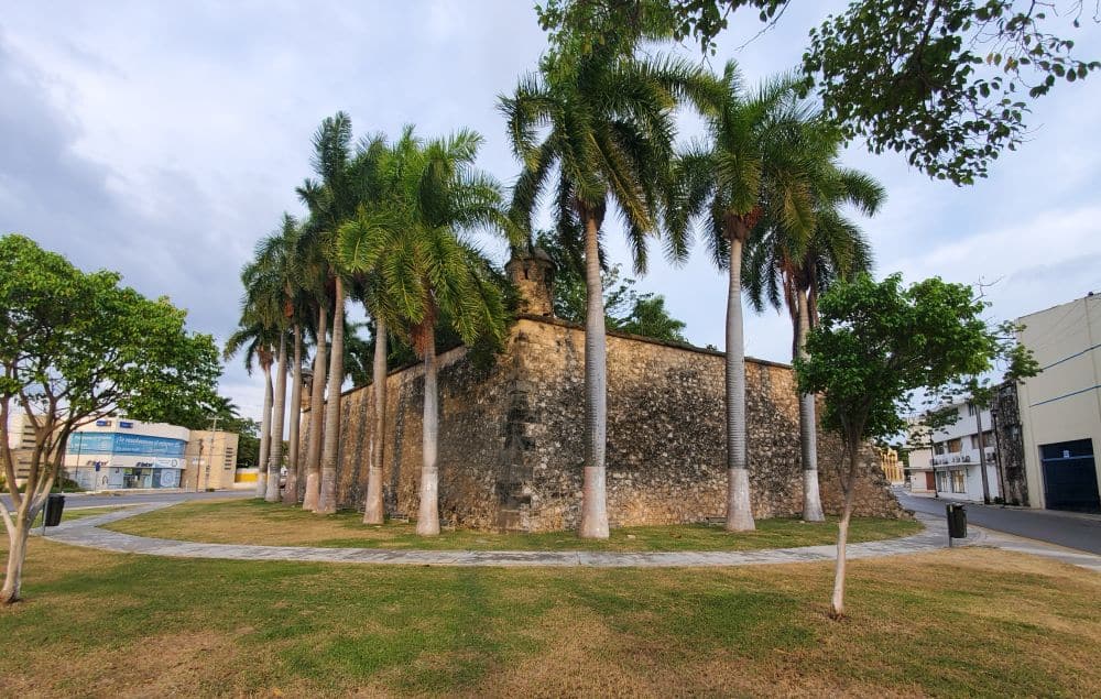A stone building that looks square from this angle, surrounded by palm trees.