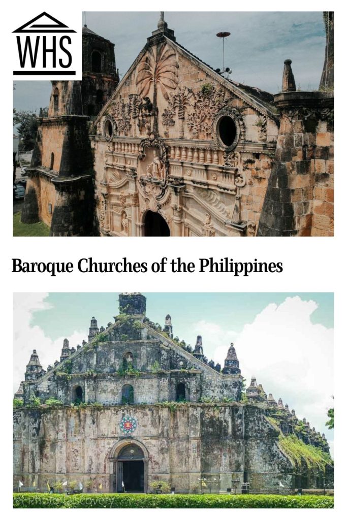 Text: Baroque Churches of the Philippines. Images: facades of two of the churches.