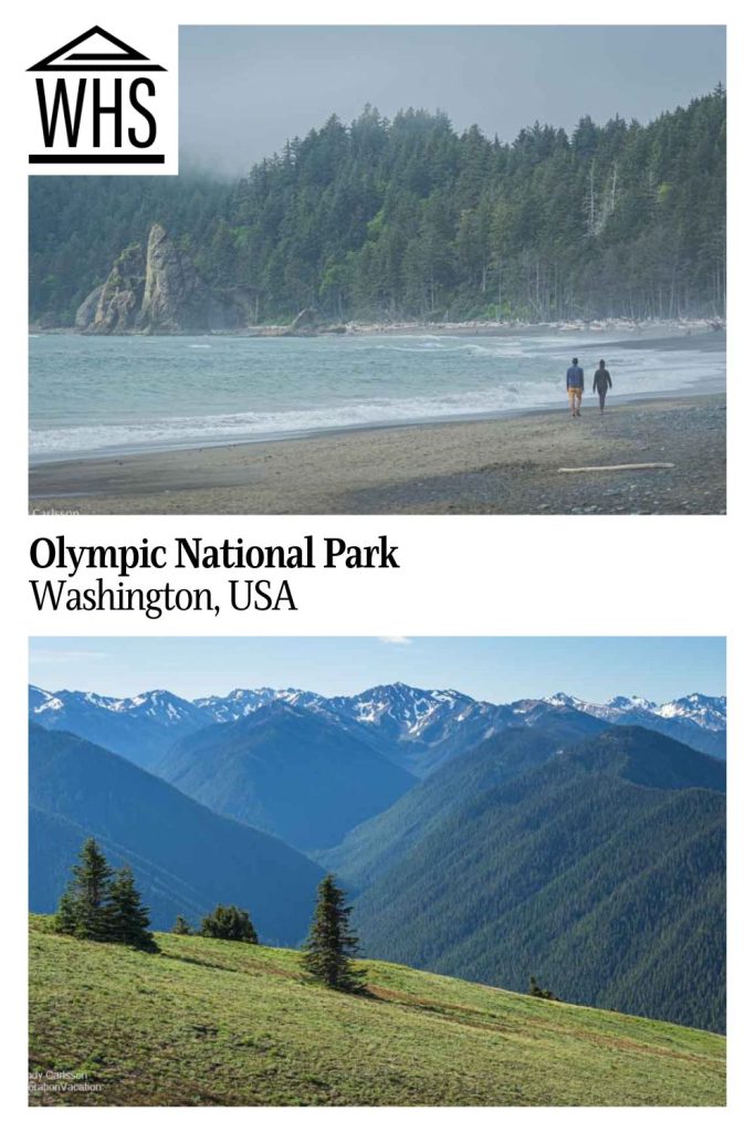Text: Olympic National Park, Washington, USA. Images: above, a beach; below, a mountain view.