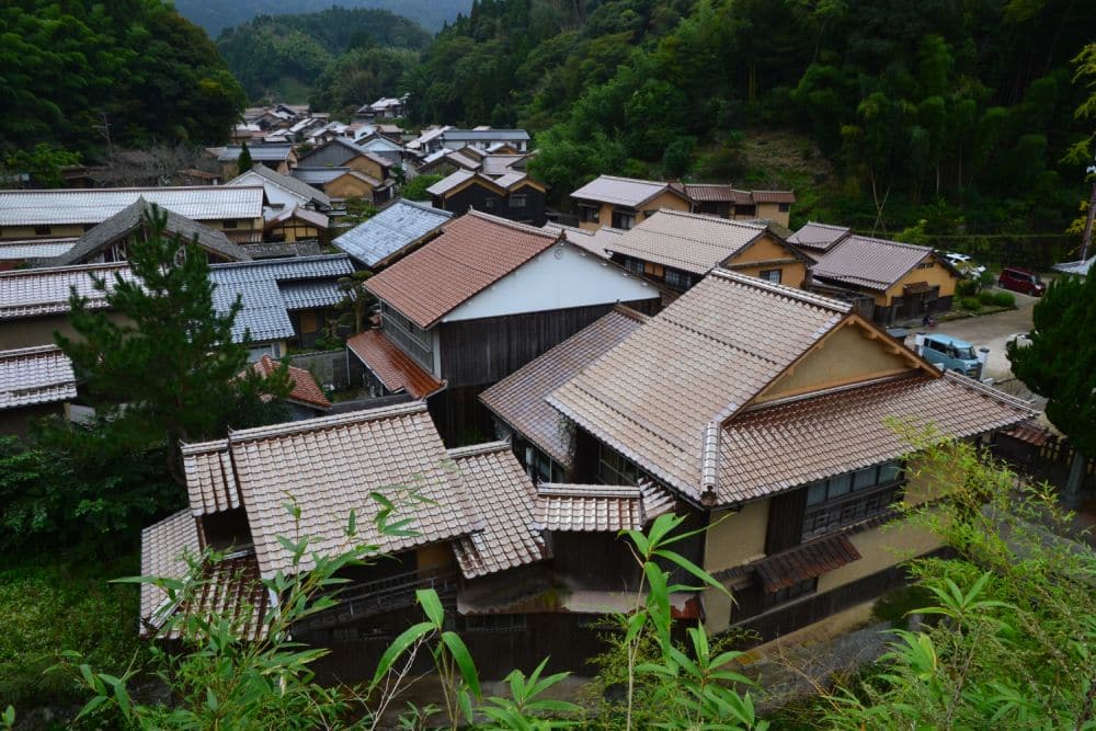 Looking over a cluster of many small traditional Japanese houses.