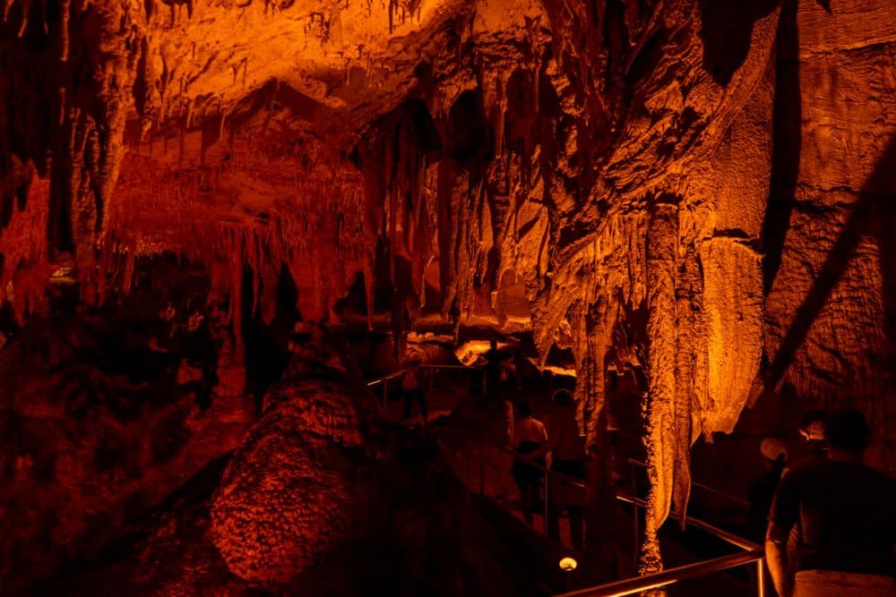 view of Mammoth Cave with the stalactites and stalagmites glowing with an orangy light.