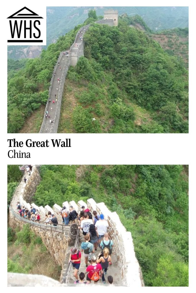 Text: The Great Wall, China. Image: looking along the wall from a high guard tower.