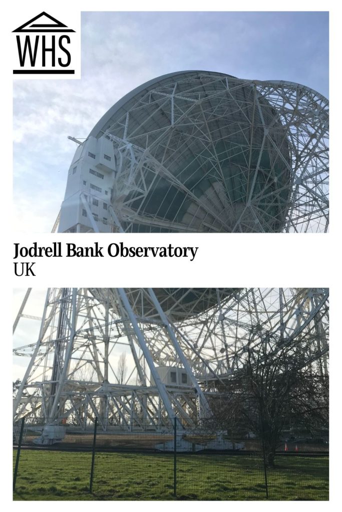 Text: Jodrell Bank Observatory, UK. Image: a large radio telescope installation.