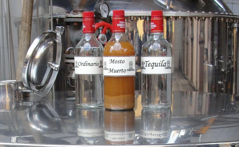 Three bottles on top of a metal tank. They're labeled "Ordinario", "Mosto Muerto" and "Tequila".
