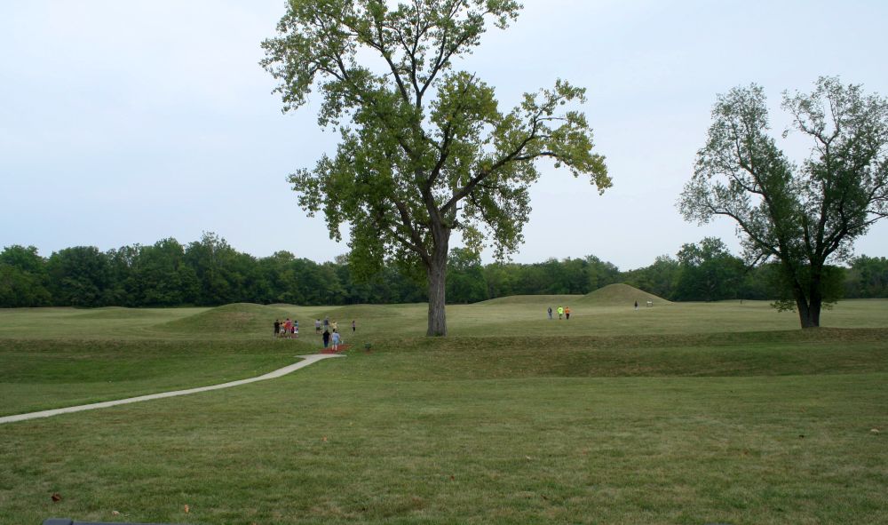 Grassy field with a few grass-covered mounds here and there.