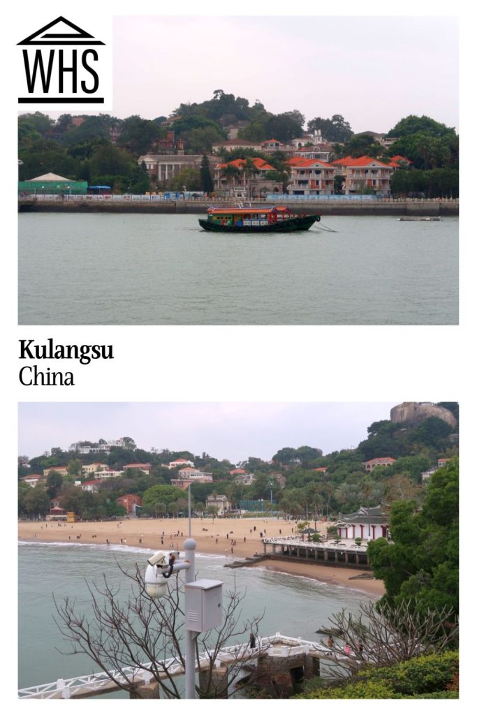 Text: Kulangsu, China. Images: above, a view of a boat in front of some Kulangsu buildings; below, a beach with buildings around it.