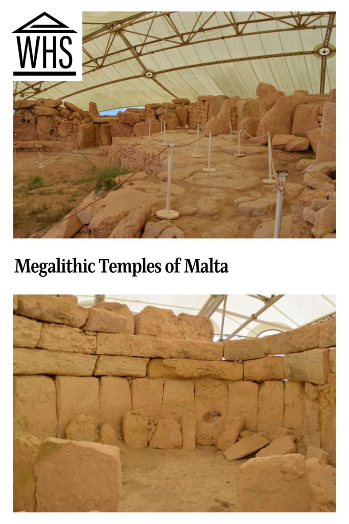 Text: Megalithic Temples of Malta. Images: two views of two different ruins.