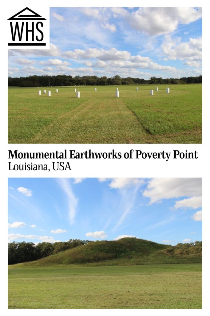 Text: Monumental Earthworks of Poverty Point, Louisiana, USA. Images: two views of the historical site.
