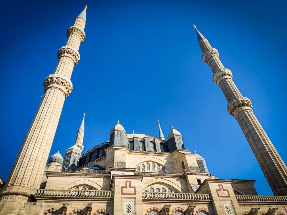 The exterior of Selimiye Mosque with two very tall minarets.