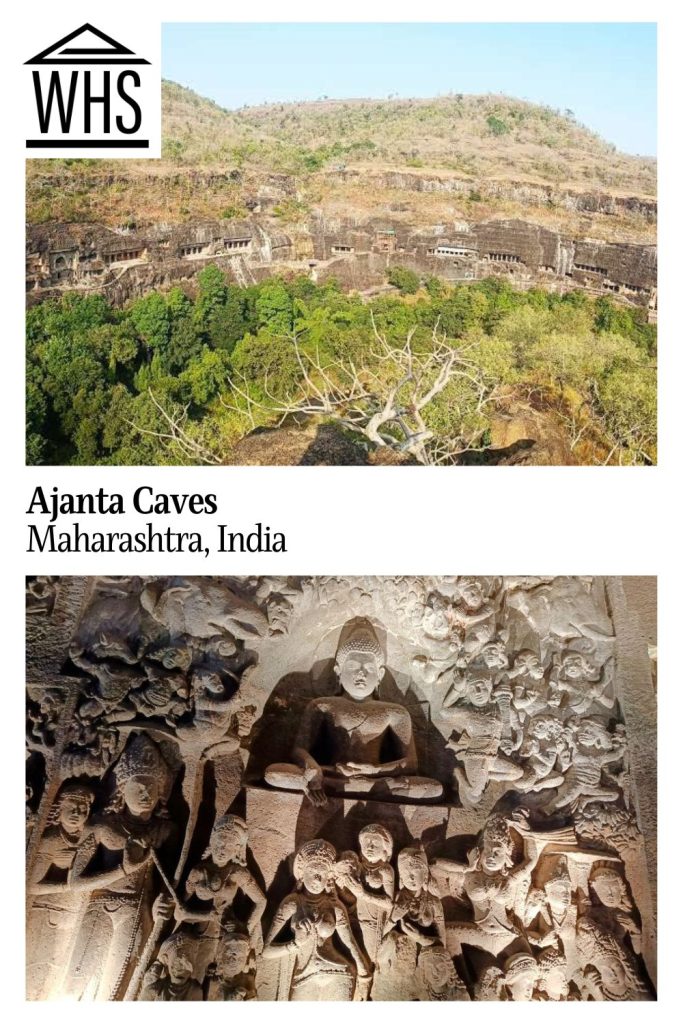 Text: Ajanta Caves, Maharashtra, India. Images: above, a view of the cliff with the caves; below, an ornate sculpture.