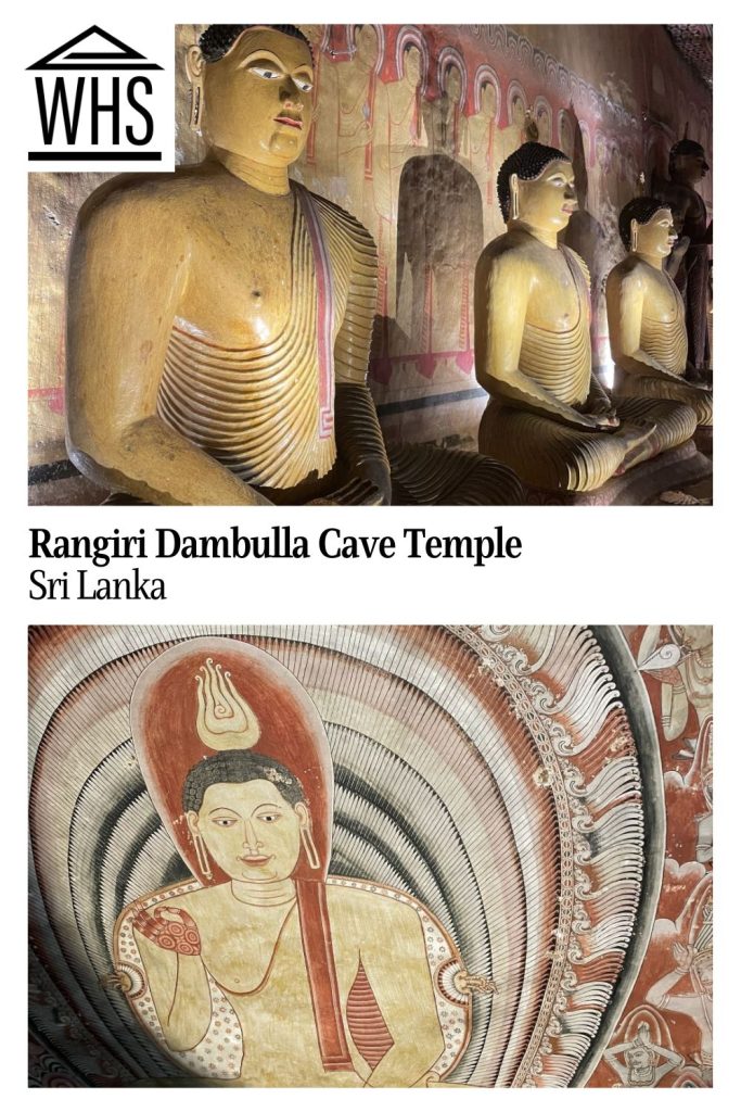 Text: Rangiri Dambulla Cave Temple, Sri Lanka. Images: above: Buddha sculptures; below, a fresco of a Buddha.