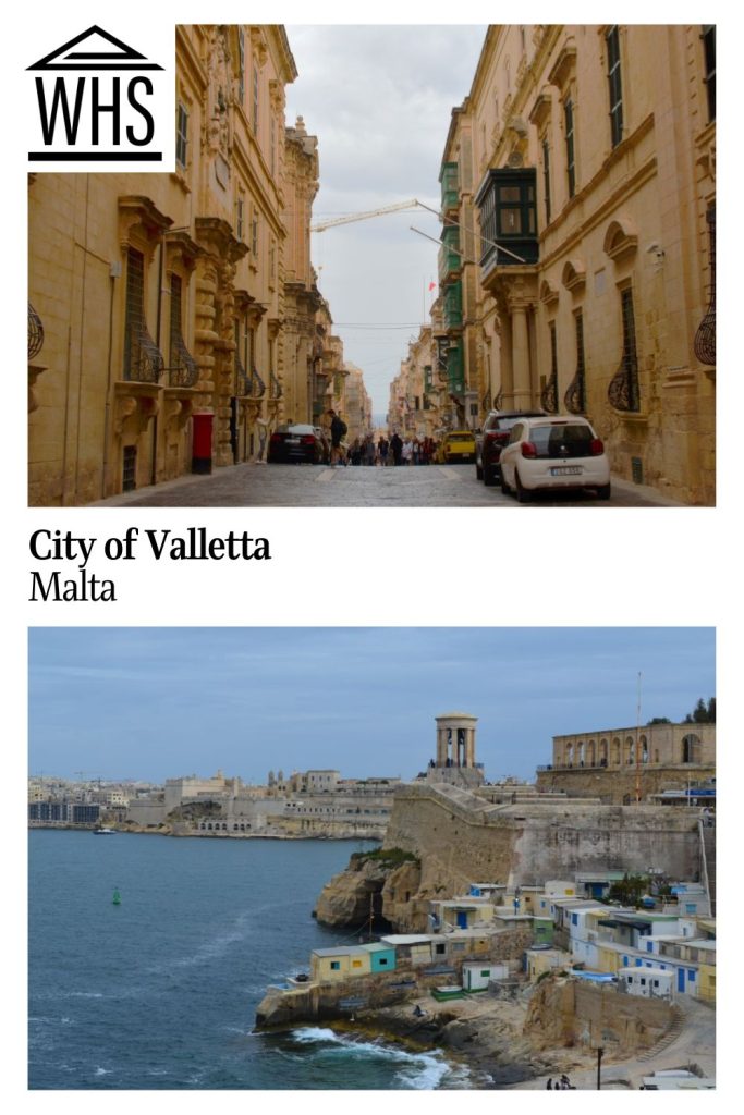 Text: City of Valletta, Malta. Images: above, a city street; below, a view along the coast.