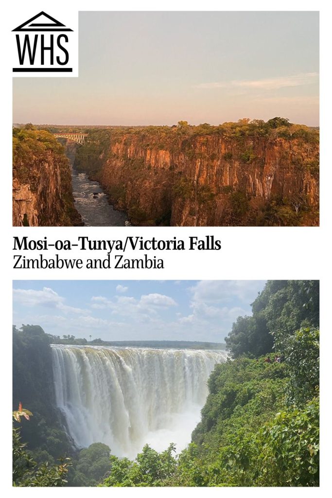 Text: Mosi-oa-Tunya / Victoria Falls, Zimbabwe and Zambia. Images: above, the Zambezi river; below, the falls.