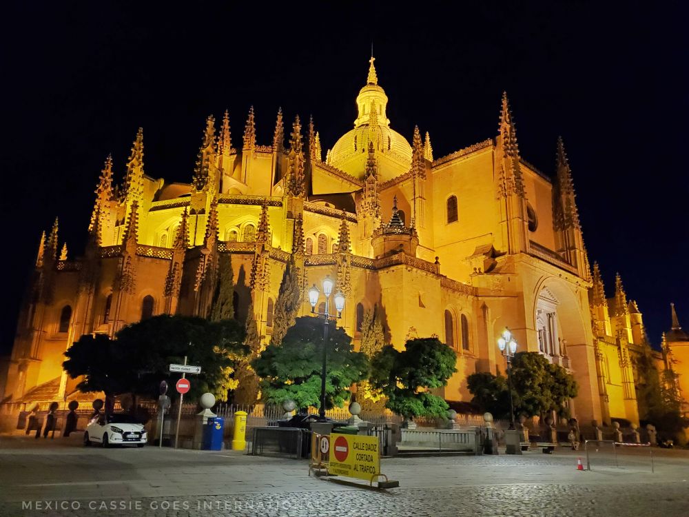 The Cathedral, lit up dramatically at night.