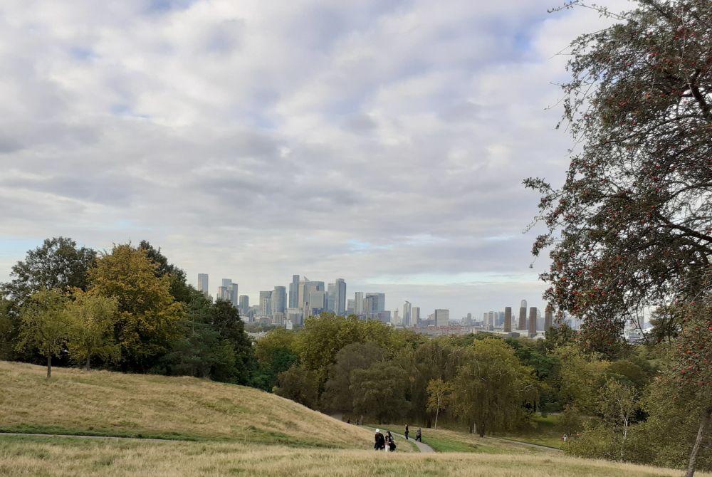 A hilly park with a view of London's tall buildings in the background.
