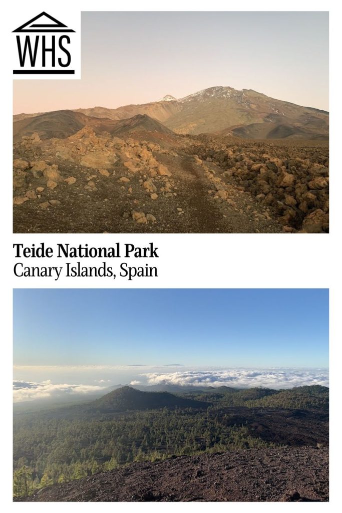 Text: Teide National Park, Canary Islands, Spain. Images: two views - one of the volcano, another away toward the sea.