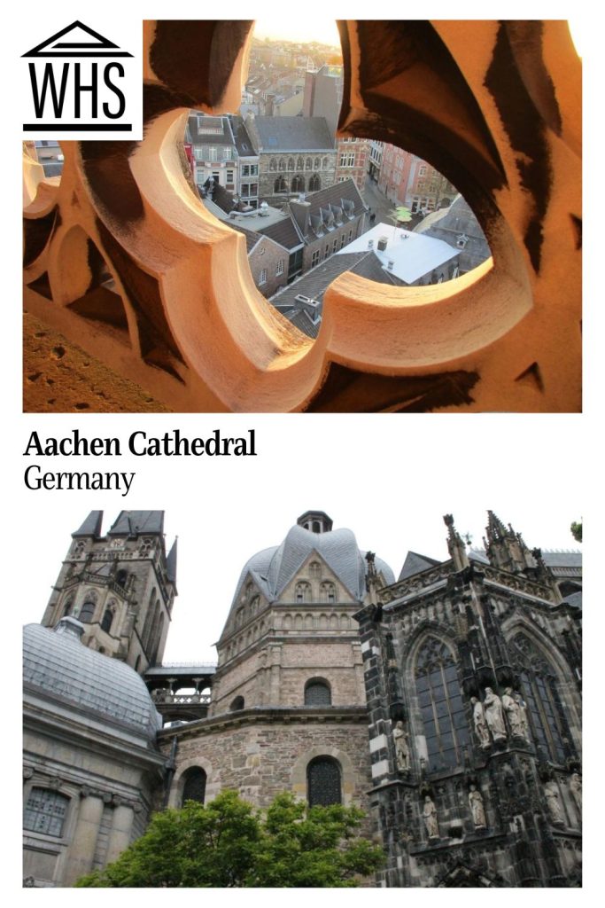 Text: Aachen Cathedral, Germany. Images: above, a view from the tower; below, the cathedral.