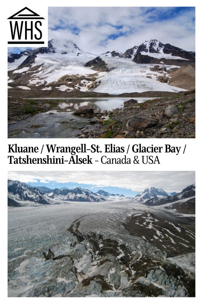 Text: Kluane/Wrangell-St. Elias / Glacier Bay / Tatshenshini-Alsek - Canada & US. Photos: above, a snow-topped mountain; below, a glacier.