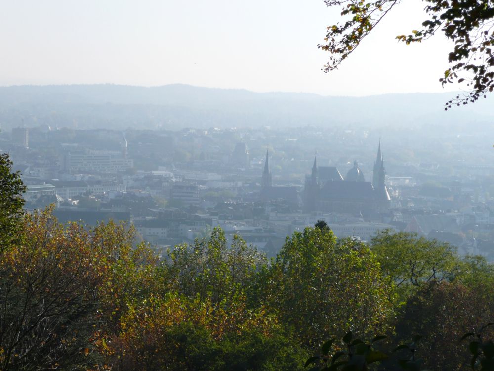 A view from a hill over the city of Aachen, with the cathedral very large in the center.