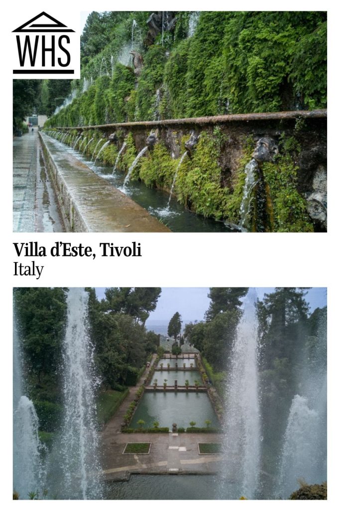 Text: Villa d'Este, Tivoli, Italy. Images: 2 different fountains from the gardens.