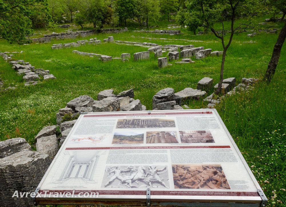An informational sign in the foreground and in the background, stones showing the outlines of buildings.