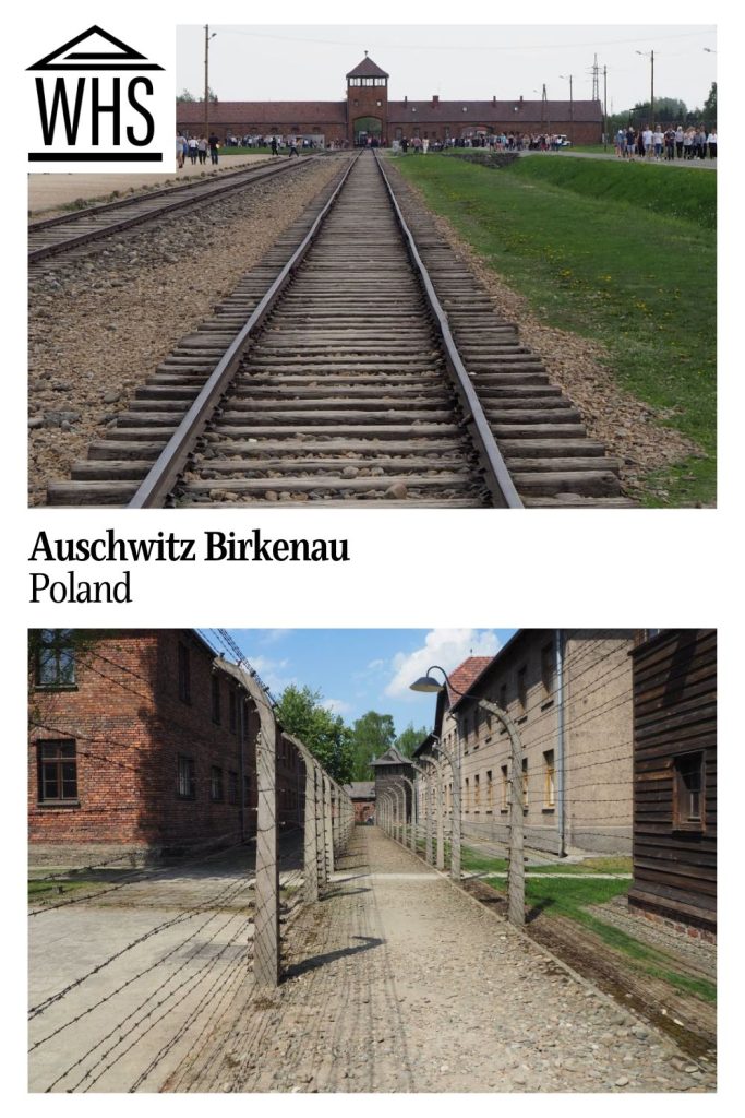 Text: Auschwitz Birkenau, Poland. Images: above, the train tracks, below, a double barbed-wire fence.