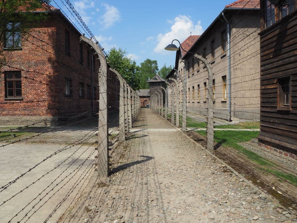 Looking down two rows of barbed wire on concrete supports, with barracks on both sides of the double row.
