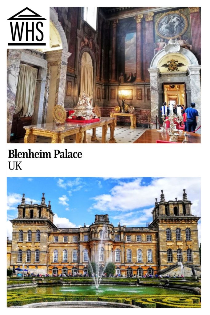 Text: Blenheim Palace, UK. Images: above, an interior view of one of the state rooms; below, exterior of the palace.