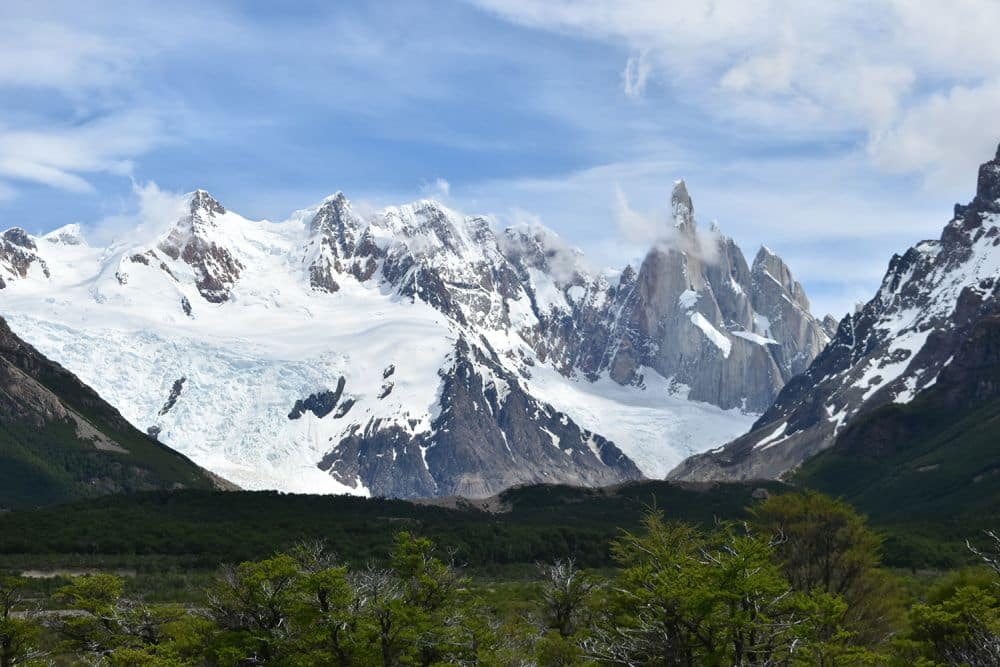 A view of jagged snow-covered mountains. 