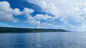 Across the water, a green island, quite low to the water.