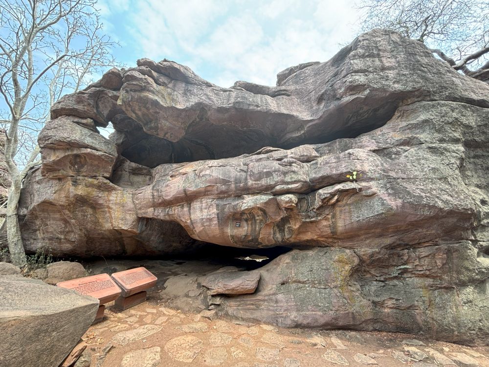 A cliff with large horizontal slabs that form a shelter under and between them.