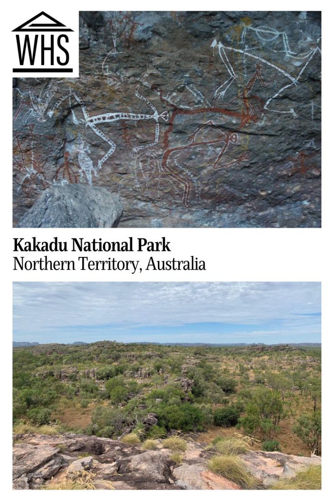 Text: Kakadu National Park, Northwest Territory, Australia. Images: above, rock art; below, a view over the landscape.