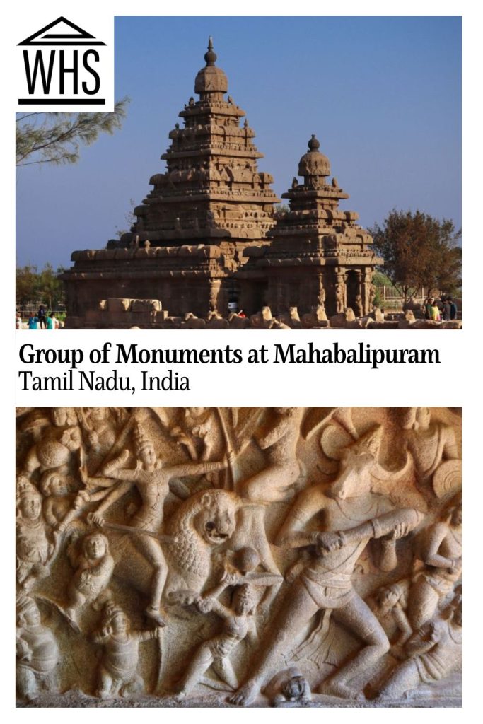 Text: Group of Monuments at Mahabalipuram, Tamil Nadu, India. Images: above, a temple; below, a bas-relief.