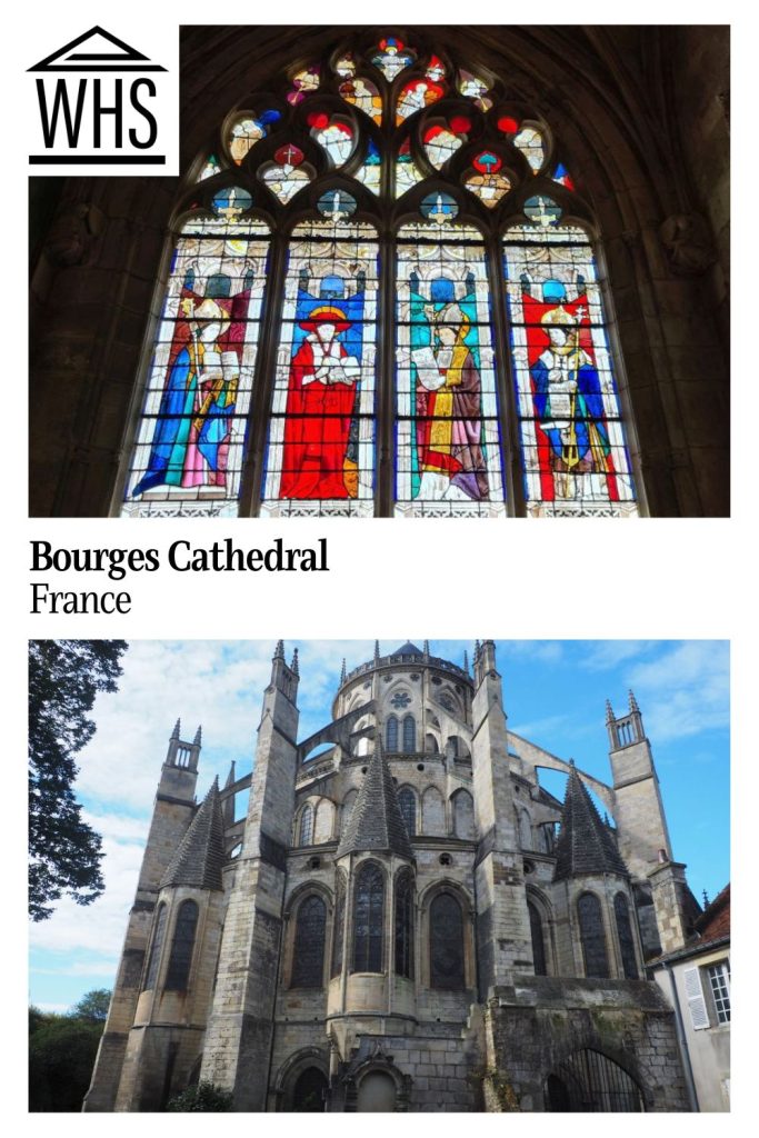 Text: Bourges Cathedral, France. Images: above, a stained-glass window; below, the exterior of the cathedral.