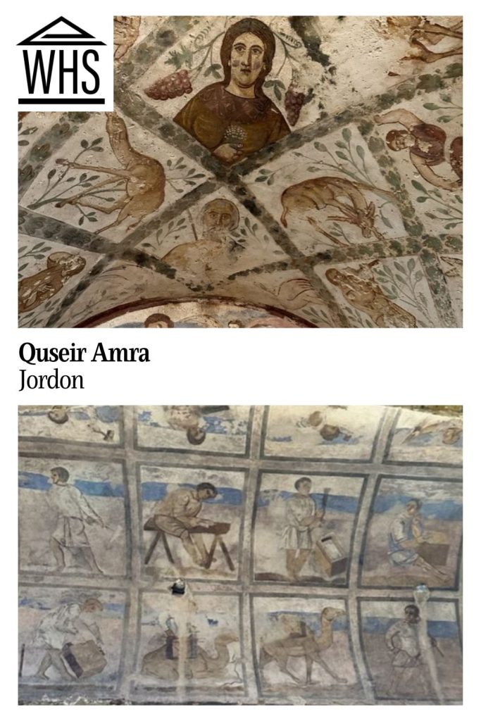 Text: Quseir Amra, Jordan. Images; two views of the frescoes inside the castle.