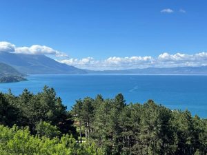 View of Lake Ohrid, hills on the far side.