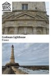 Text: Cordouan Lighthouse, France. Images: above, the sculptural elements above the doorway; below the whole lighthouse from a distance.