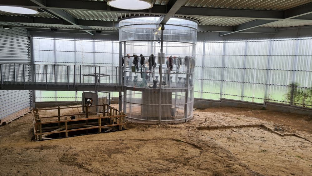 A dirt floor with a glass cylinder on the far side of the space.