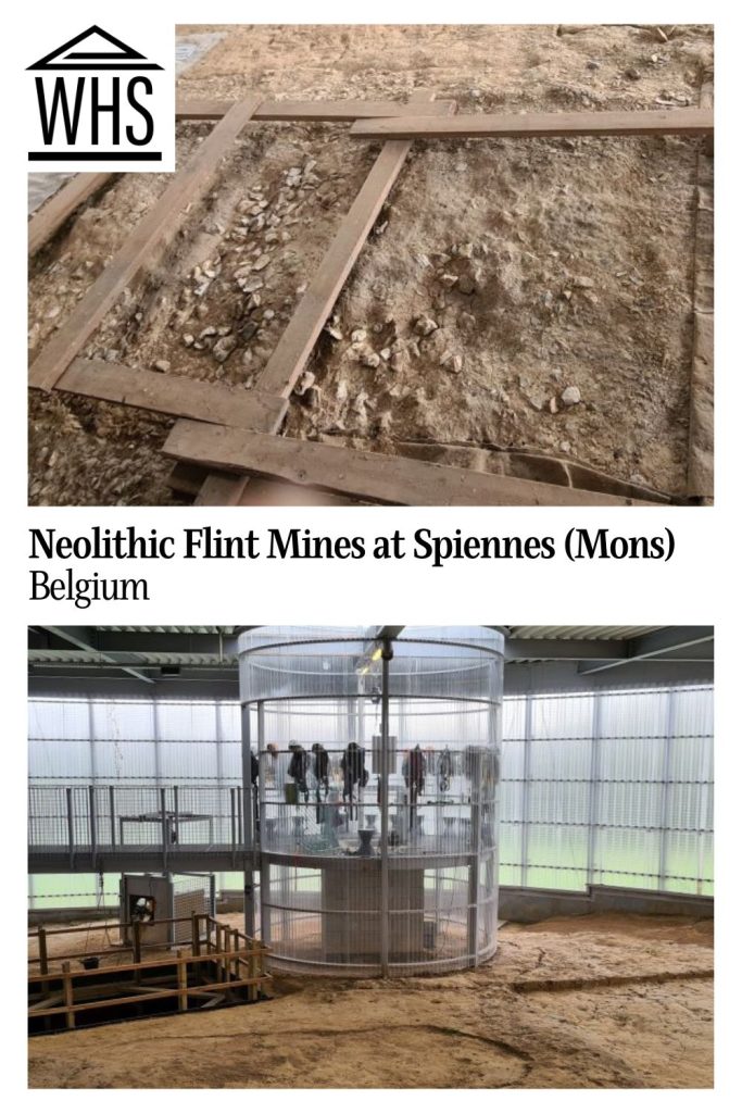 Text: Neolithic Flint Mines at Spiennes (Mons), Belgium. Images: above, flint shards on the ground; below, the interior of the visitors center.