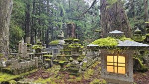 A cluster of moss-covered gravestones and statues in a forest.