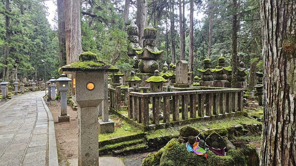 A walkway on the left lined by stone lanterns. On the right, moss-covered gravestones and statues surrounded by trees.