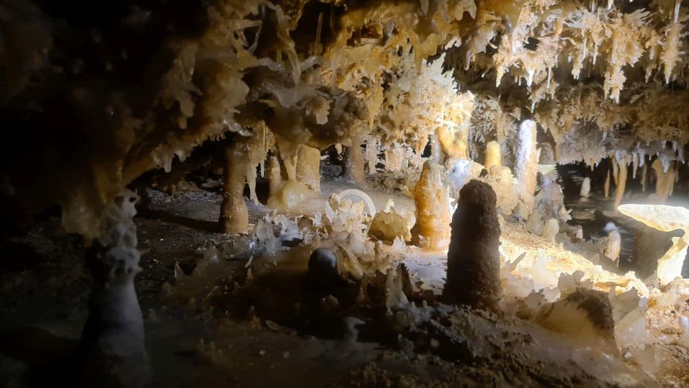 inside of a cave with many shapes of stalactites and stalagmites.