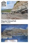 Text: Miguasha National Park, Quebec, Canada. Images: above, the cliff; below, a fossil of a fish.