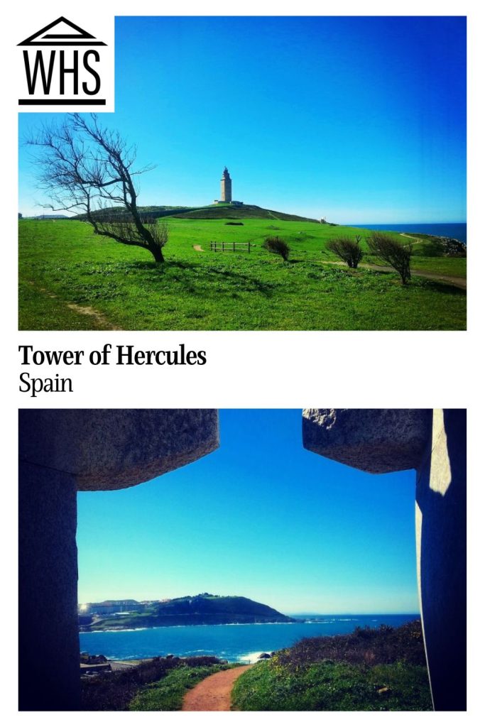 Text: Tower of Hercules, Spain. Images: above, the tower as seen from a distance; below, a view from the tower over the sea.