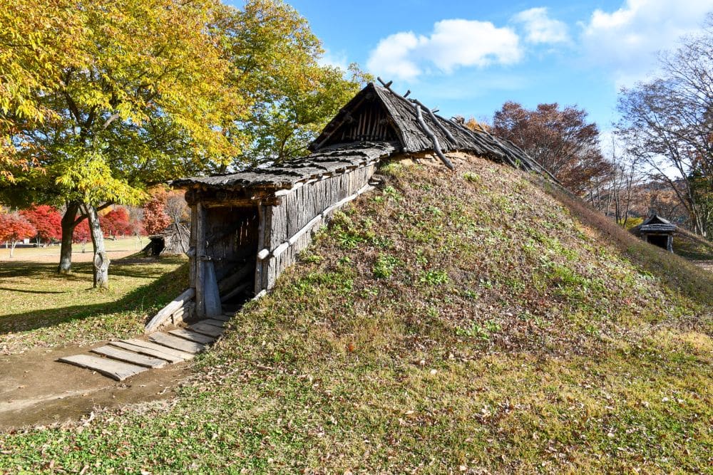 A small hill with an entryway into it and a roof on its top.