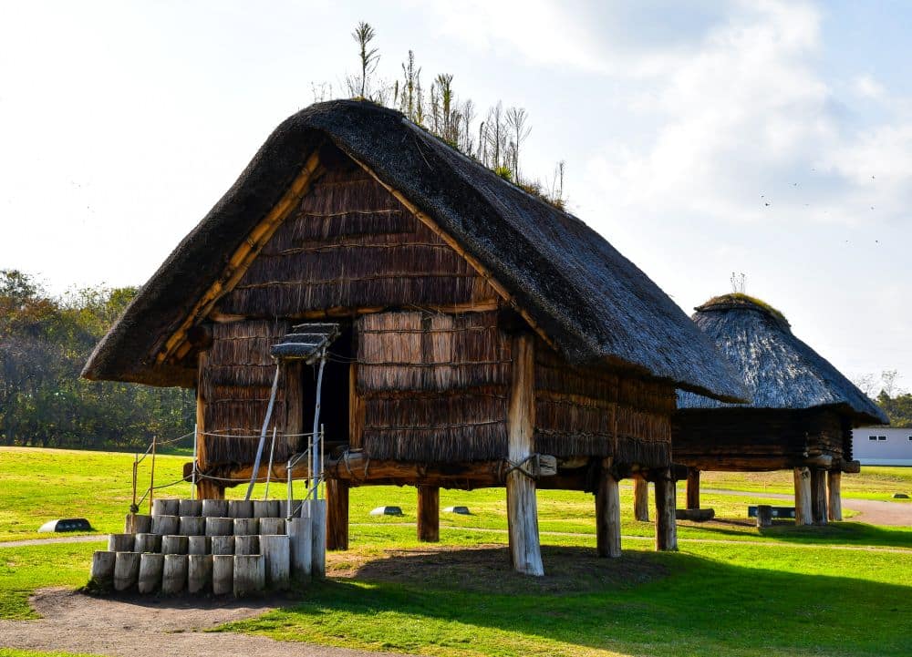 A wooden house on stilts with a thatched roof.