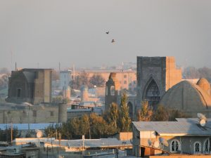 A view over the Historic Centre of Bukhara with several of the historical buildings visible.