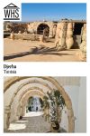 Text: Djerba, Tunisia. Images: above, a low building covered with clay pots; below, arches over a sidewalk.