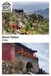 Text: Mount Taishan, China. Images: above, a view down the stairway path with a city far below; below, a temple entrance.